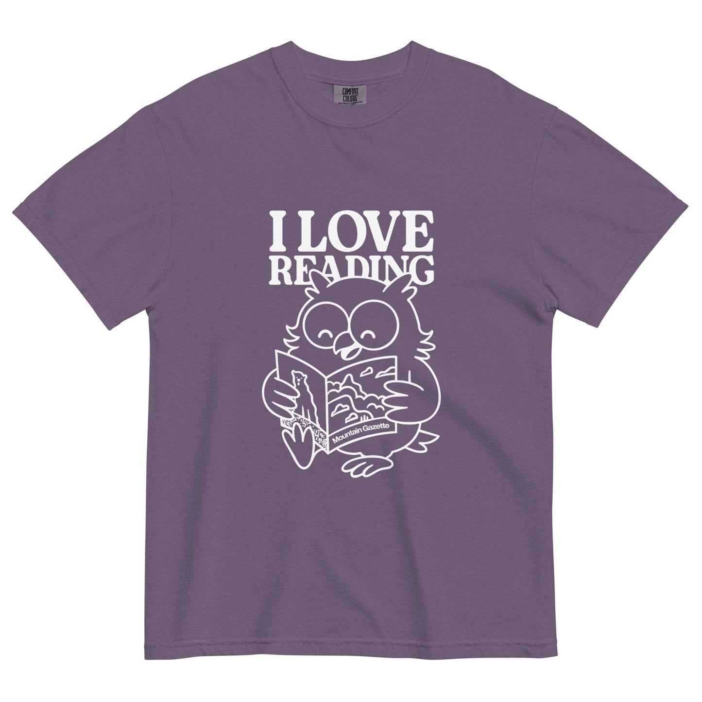 Purple t-shirt with an owl graphic and 'I Love Reading' text on a white background