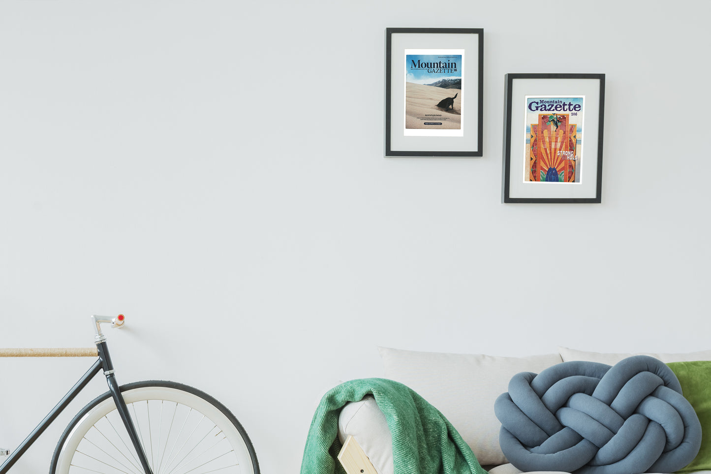 Issue 106 vintage Mountain Gazette magazine cover art shown framed on a wall
