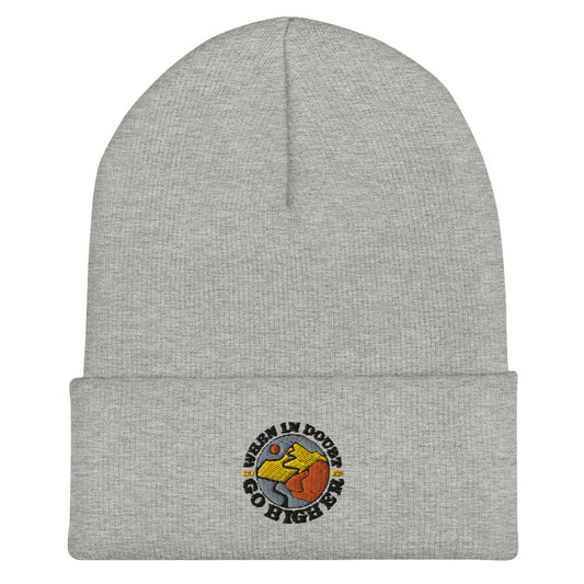 Gray acrylic beanie with stitched mountain-themed logo