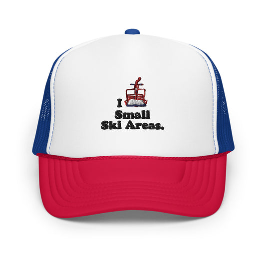 Unisex Trucker Snapback Hat with the text I Love Small Ski Areas