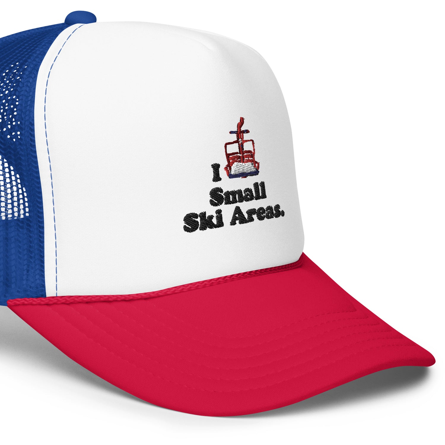 Unisex Trucker Snapback Hat with the text I Love Small Ski Areas