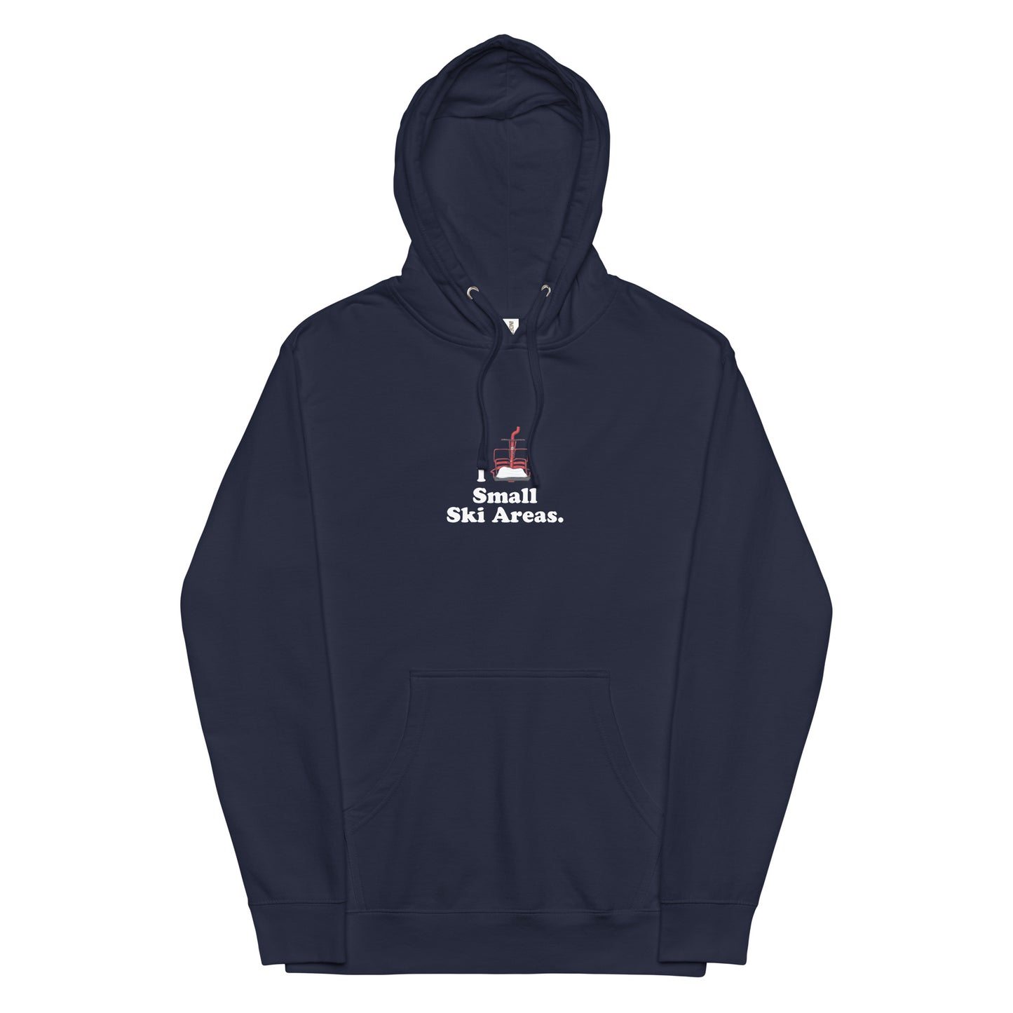 Navy blue unisex hooded sweatshirt with playful ski-themed slogan