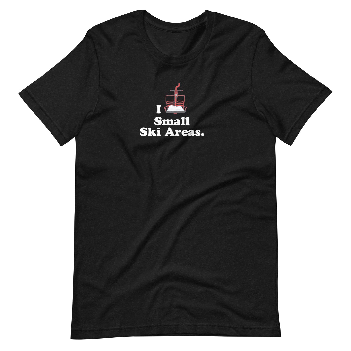 Front of Black Unisex Short-Sleeve Cotton T-Shirt with text I Love Small Ski Areas