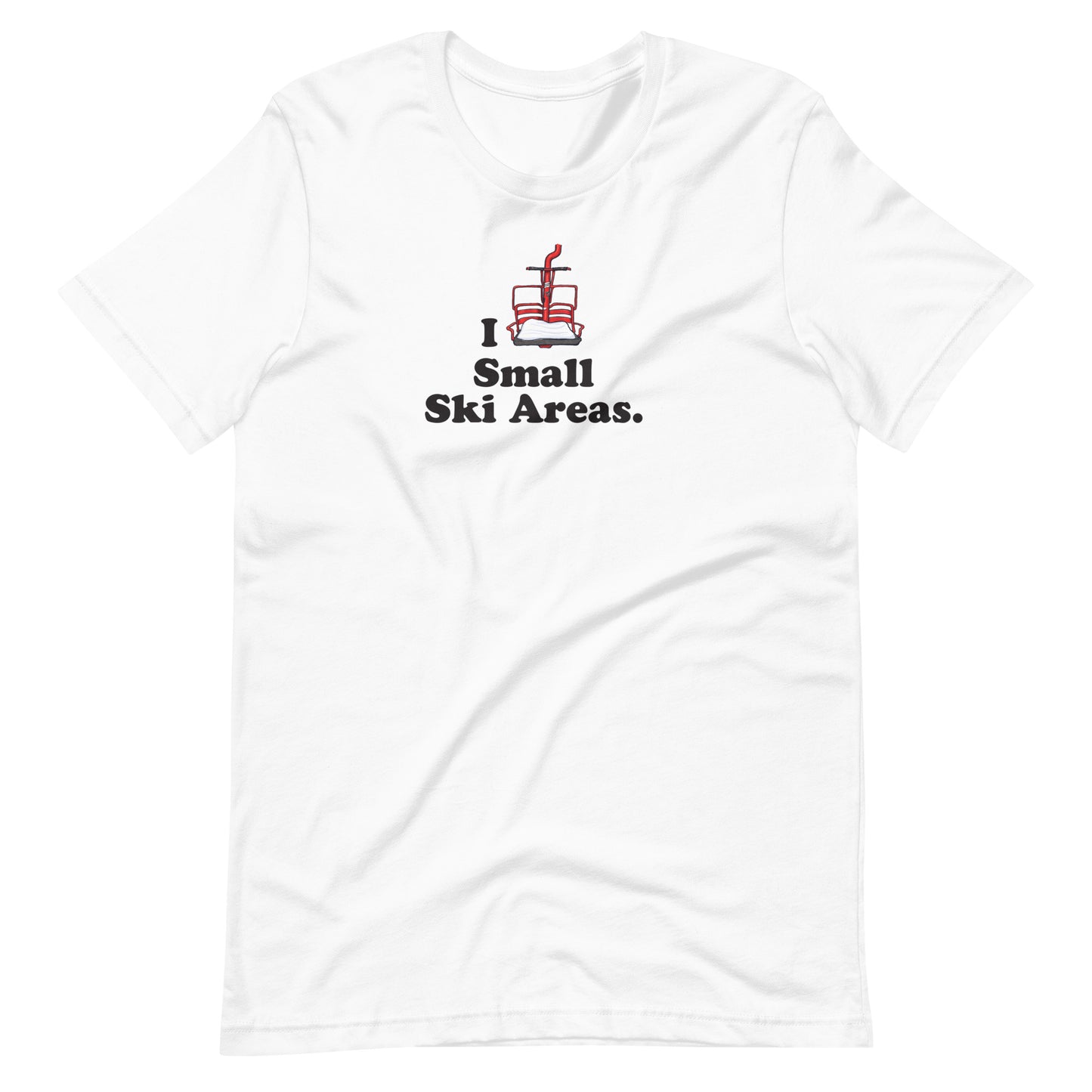 Front of White Unisex Short-Sleeve Cotton T-Shirt with text I Love Small Ski Areas