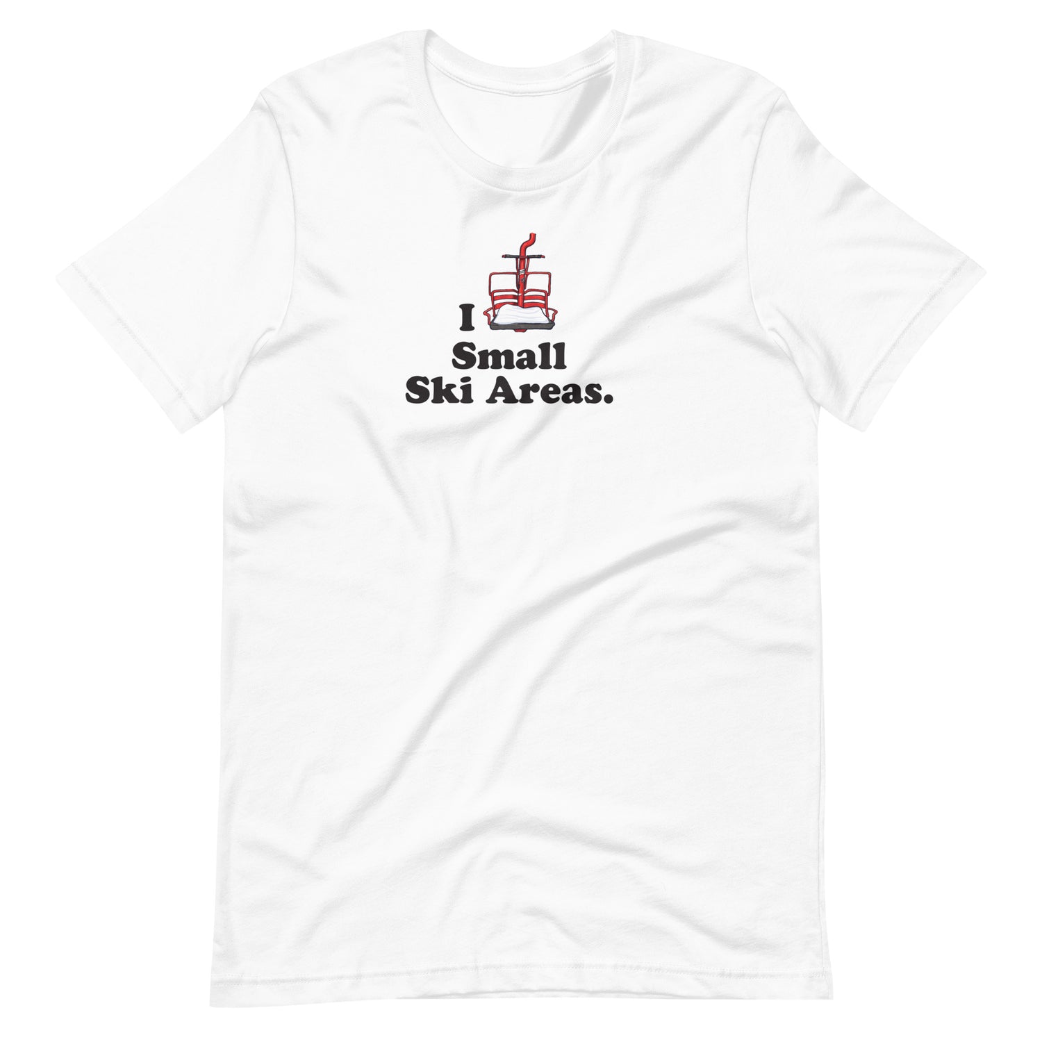 Front of White Unisex Short-Sleeve Cotton T-Shirt with text I Love Small Ski Areas