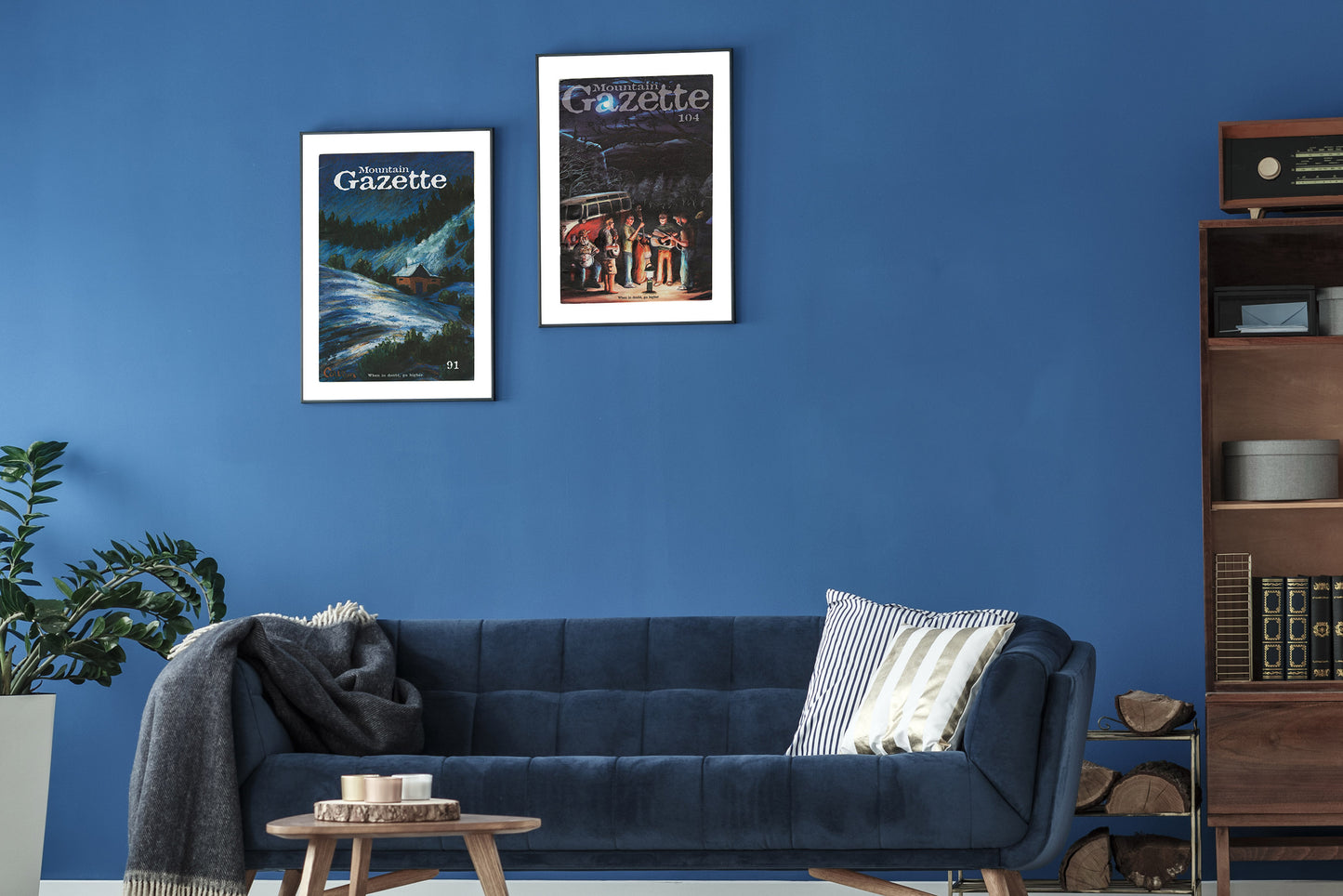 Framed vintage cover art of Mountain Gazette issue 104 shown on a blue wall
