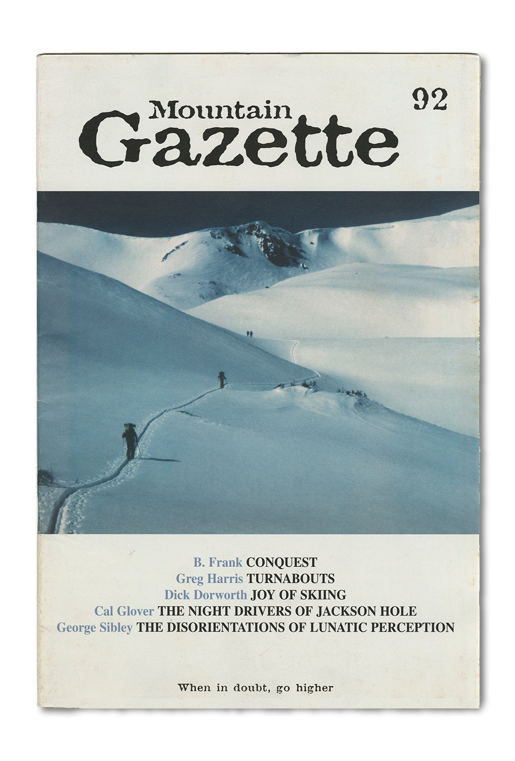 Vintage cover art of Mountain Gazette issue 92 showing mountaineers trekking on the snow
