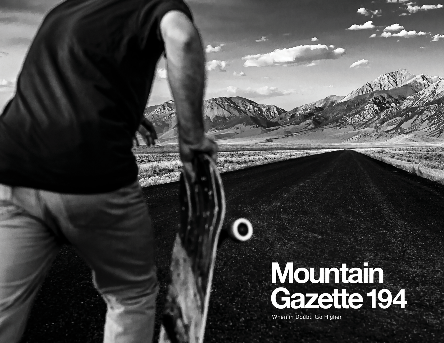 Vintage cover of Mountain Gazette issue 194 showing a skateboarder on a road
