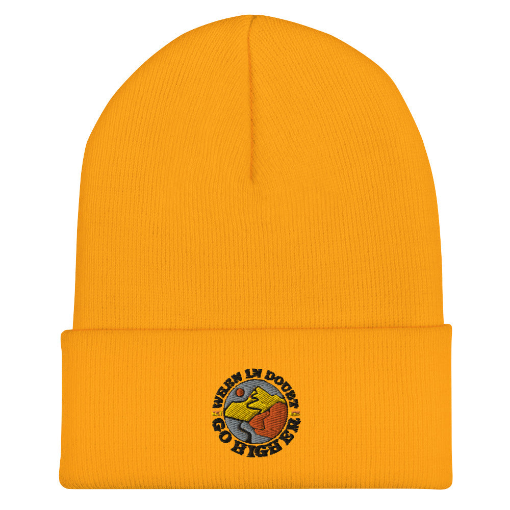 Yellow acrylic beanie with stitched mountain-themed logo
