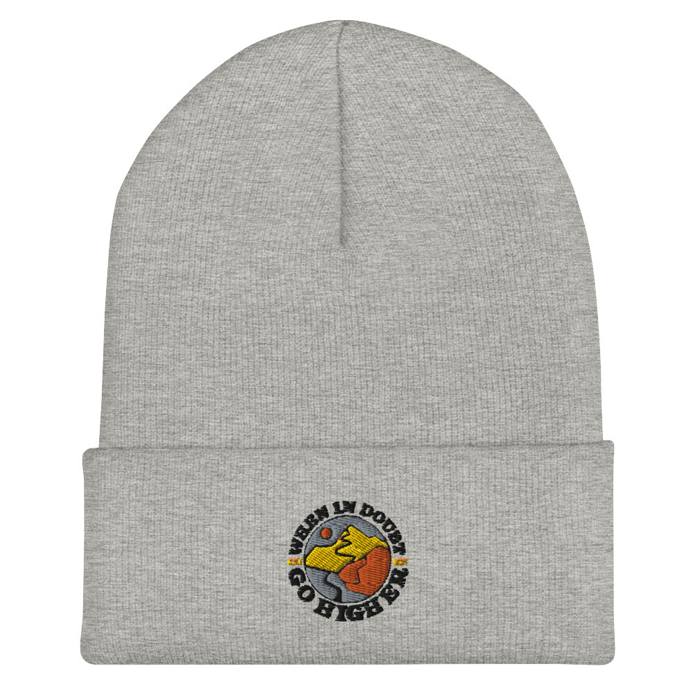 Gray acrylic beanie with stitched mountain-themed logo