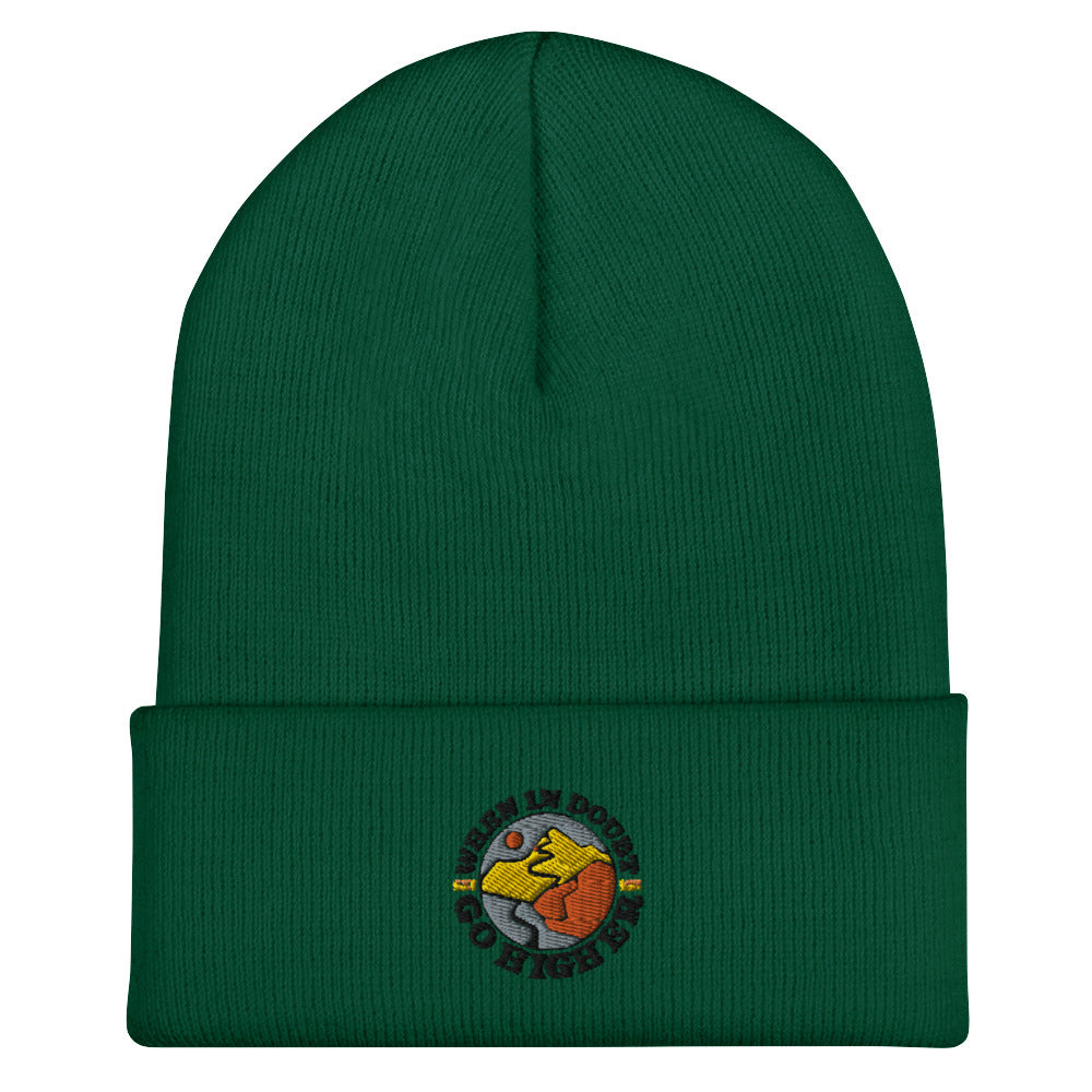 Green acrylic beanie with stitched mountain-themed logo