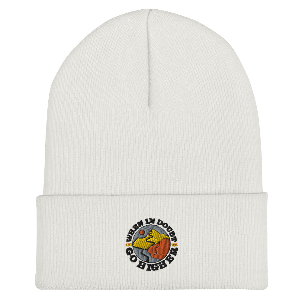 White acrylic beanie with stitched mountain-themed logo