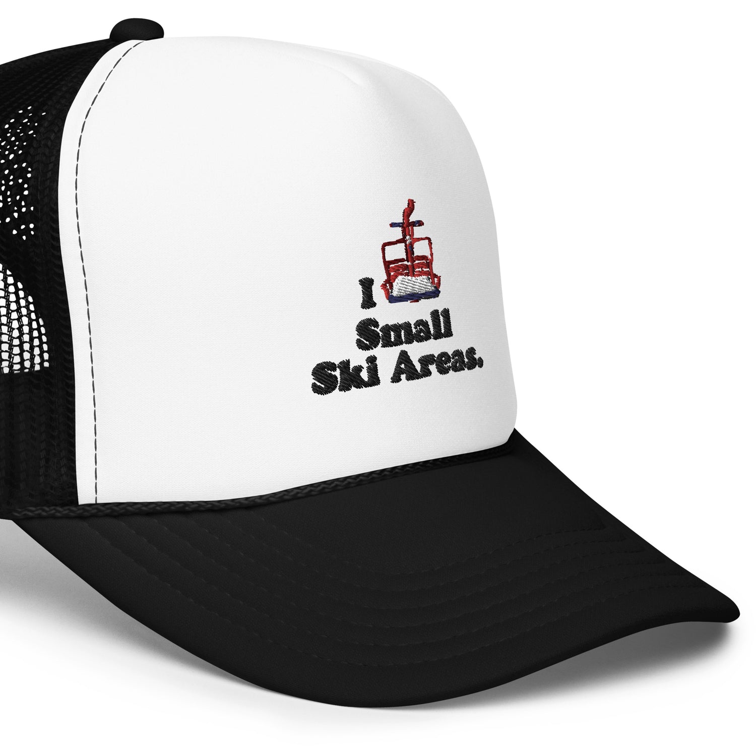 Black Unisex Trucker Snapback Hat with the text I Love Small Ski Areas