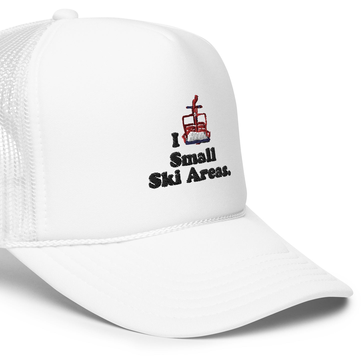 White Unisex Trucker Snapback Hat with the text I Love Small Ski Areas