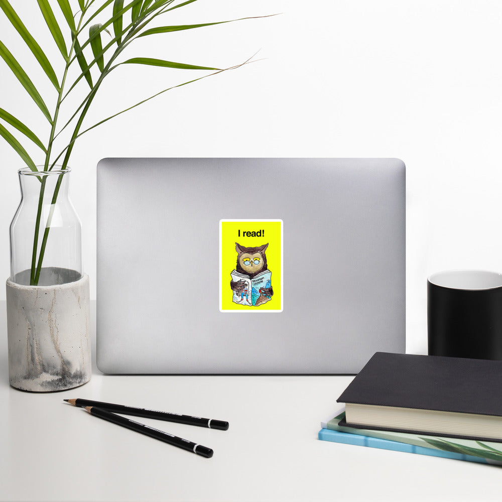 Yellow Rectangular Sticker with Owl Graphic and text I Read!