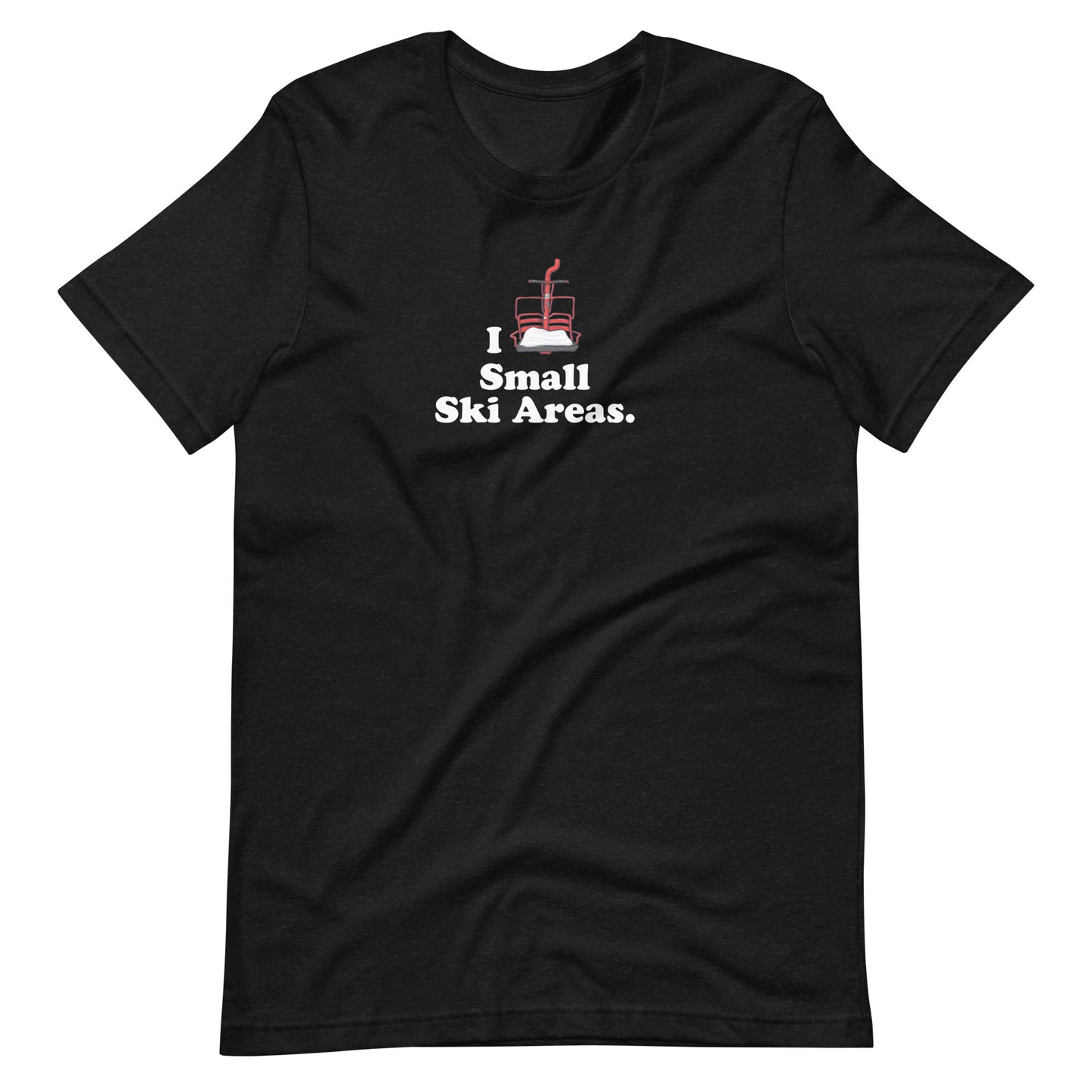 Front of Black Unisex Short-Sleeve Cotton T-Shirt with text I Love Small Ski Areas