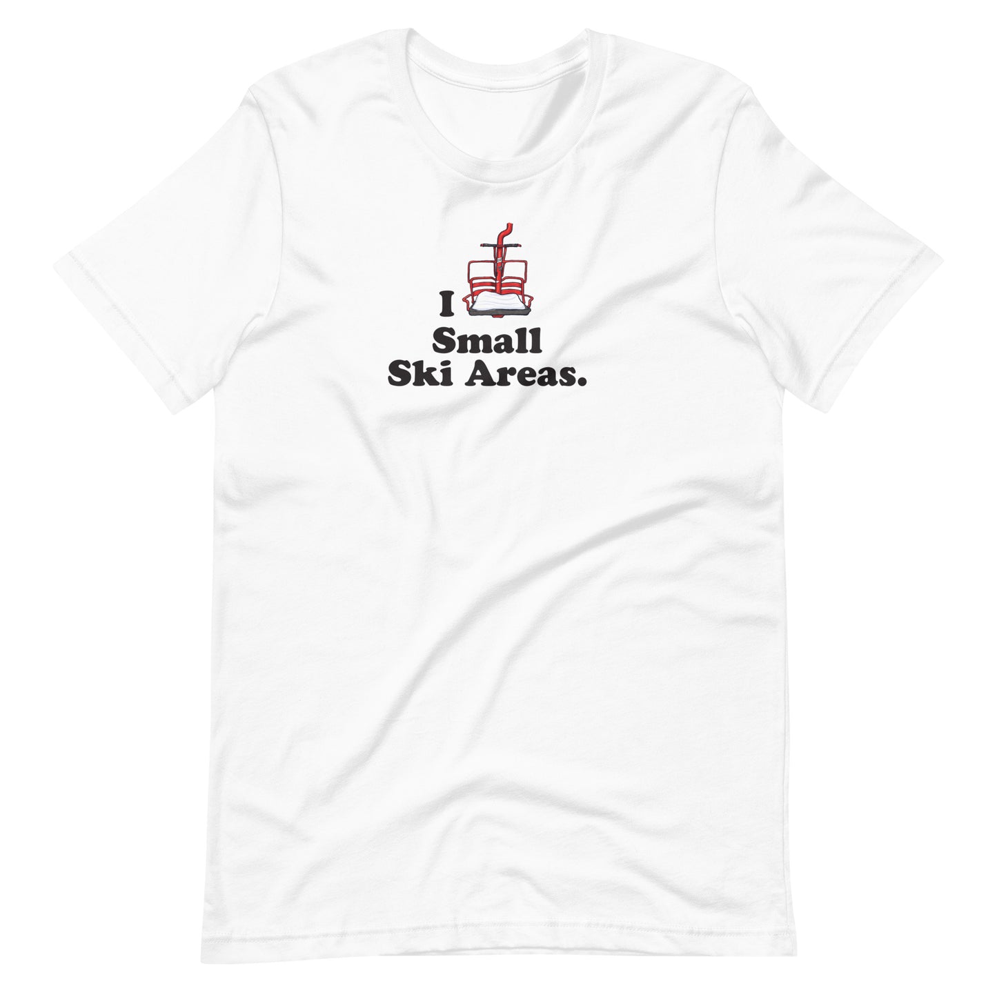 Front of White Unisex Short-Sleeve Cotton T-Shirt with text I Love Small Ski Areas